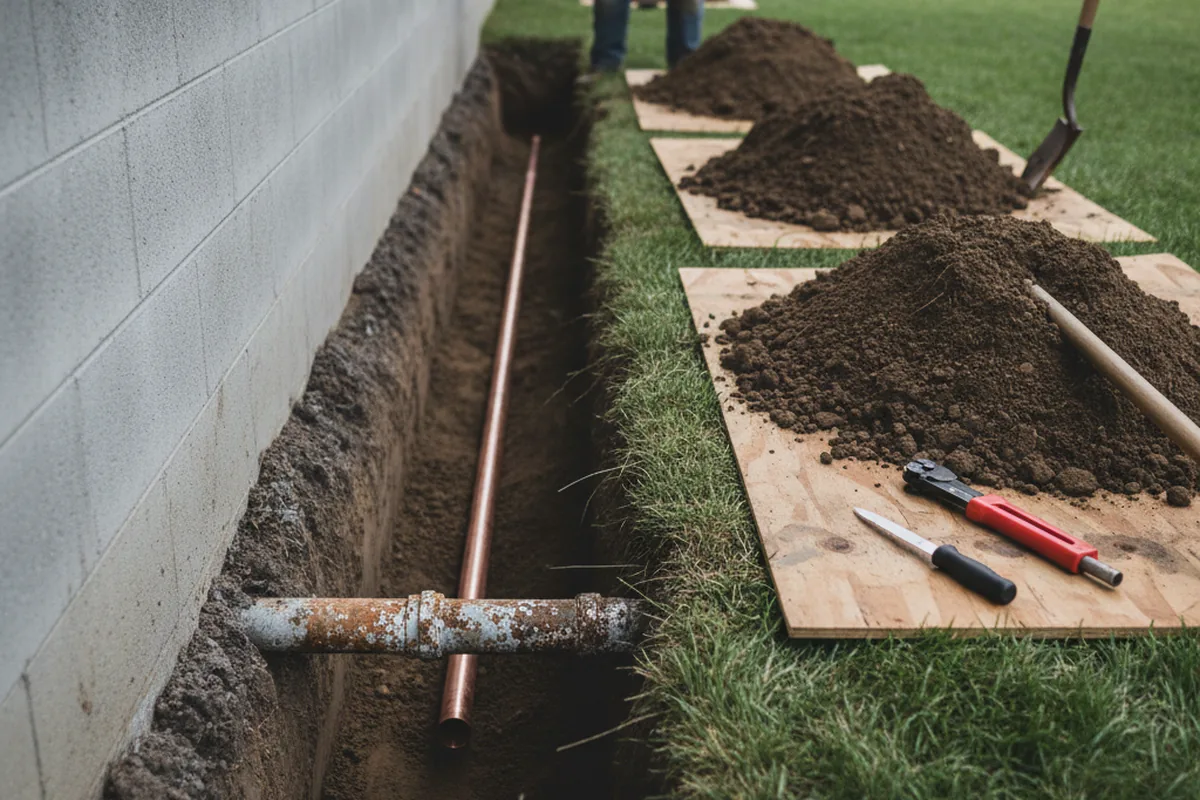 Excavated water line trench during Sewer Line Repair in Tarawa Terrace